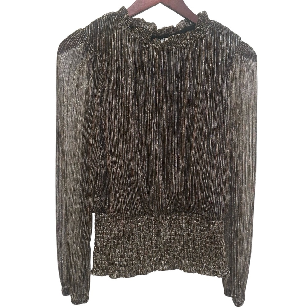 Joie Metallic Gold Evening Long Sleeve Top Ruffle Collar Elastic Waist M EUC